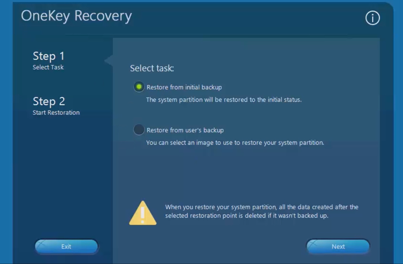 Lenovo users can access the OneKey Recovery environment by pressing the Novo button (the system must be turned off) and selecting System Recovery