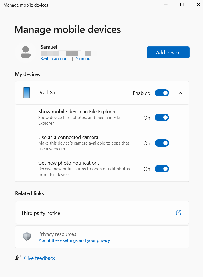 In the new <em>Manage devices</em> wizard, you can turn your phone into your computer’s webcam, get photo notifications, and show your phone in the File Explorer