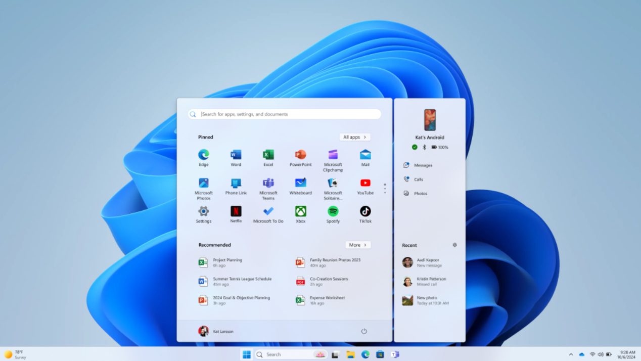 Phone Link Start Menu Sidebar