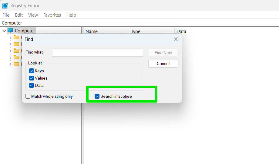 Check the <em>Search in subtree</em> box