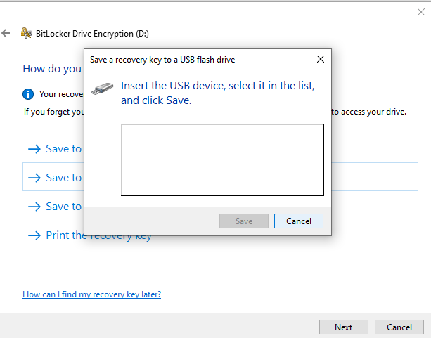 Save bitlocker recovery key to USB drive