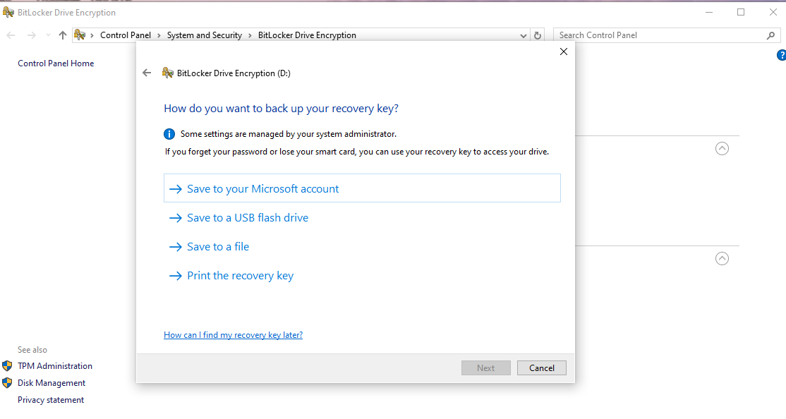 Save bitlocker recovery keys