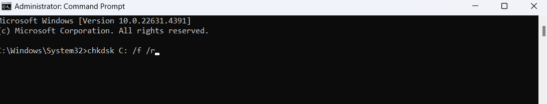 Type in chkdsk C: /f /r