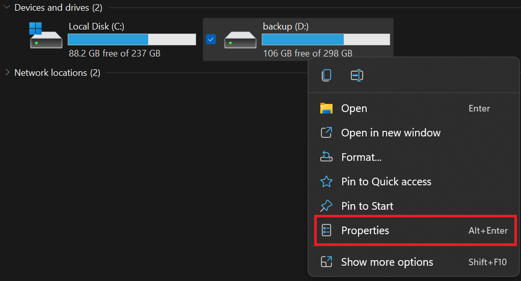 Open <em>This PC</em>, right-click the drive you would like to check, and click <em>Properties</em>