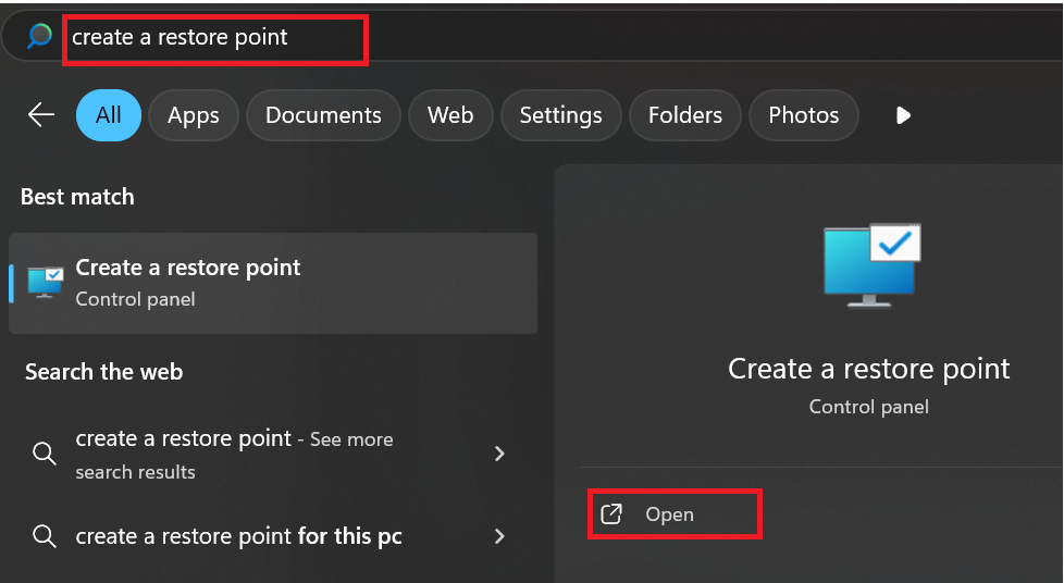 Type Create a restore point