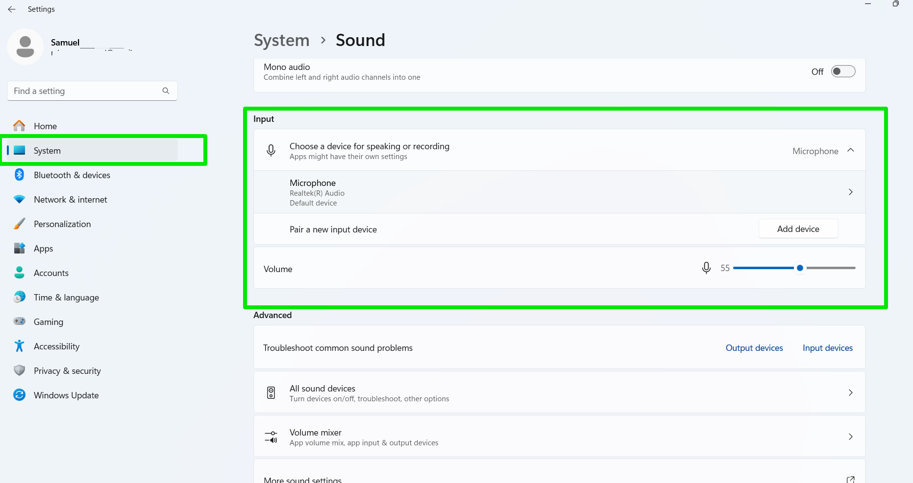 Activate Voice Focus: go to Settings, select System, then Sound, and open your microphone under Input
