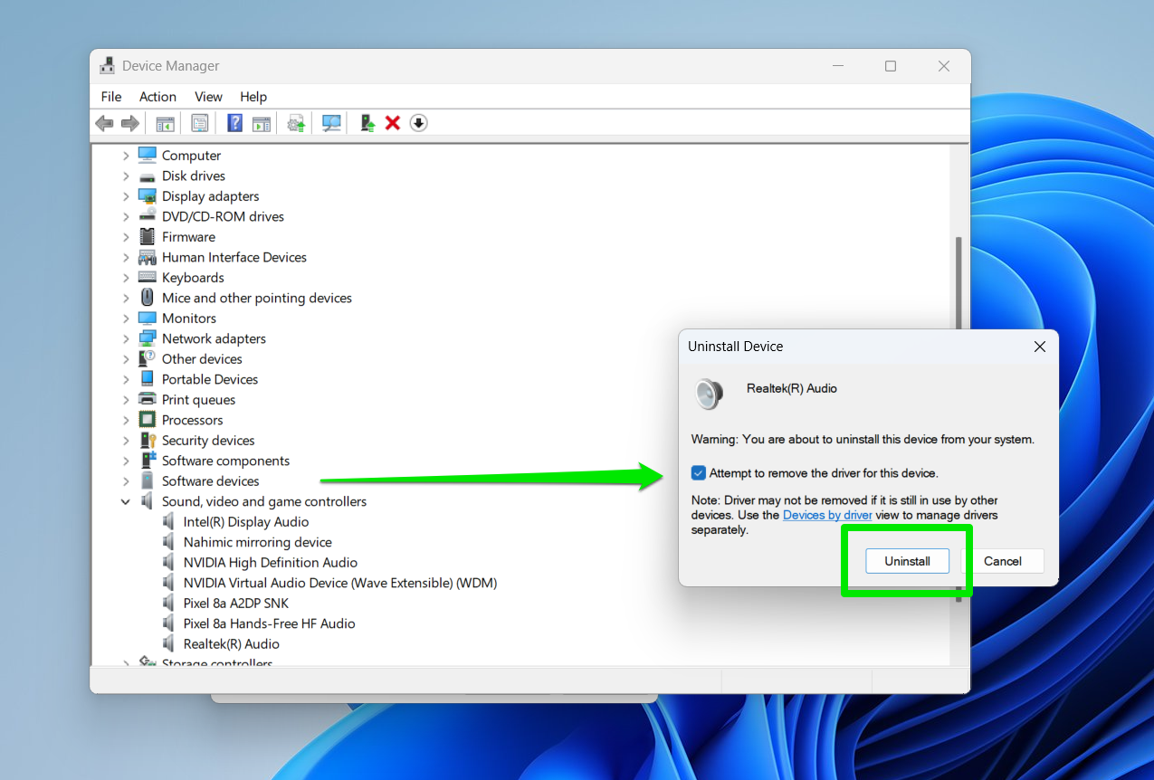 Check the <i>Attempt to remove driver for this device</i> box and click <em>Uninstall</em>