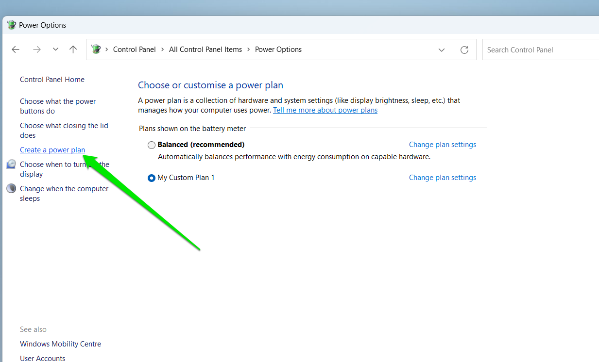 Click Create a power plan in the left pane