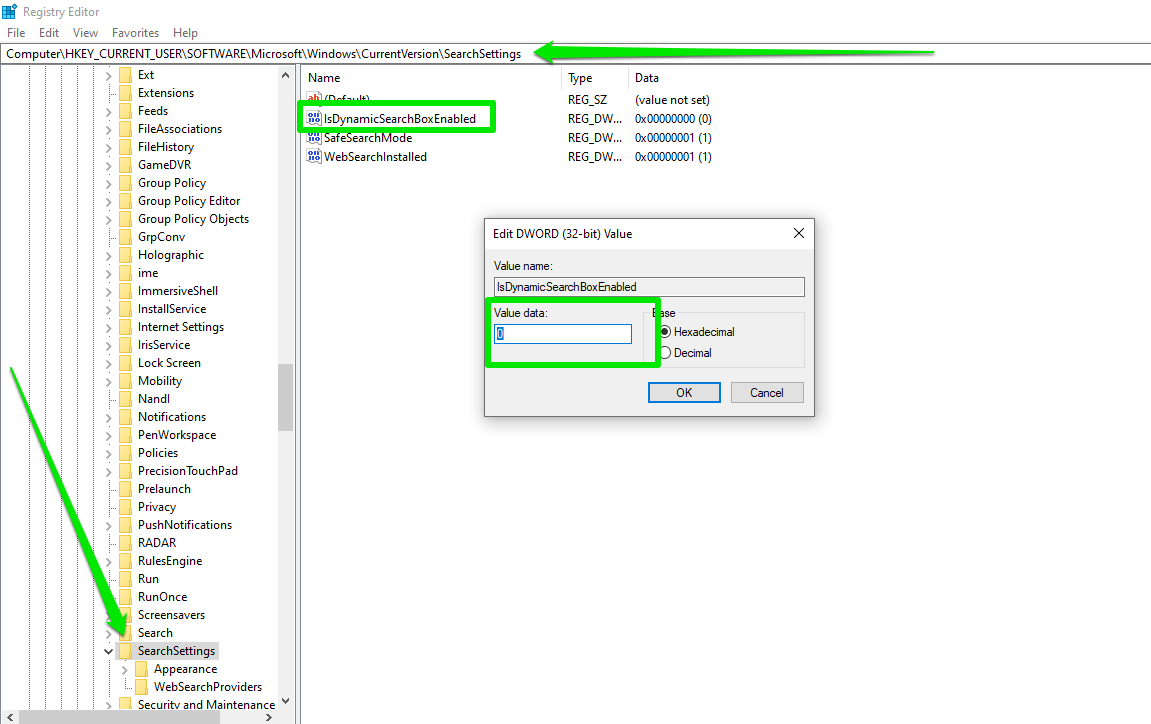 Set the value for the IsDynamicSearchBoxEnabled DWORD to 0