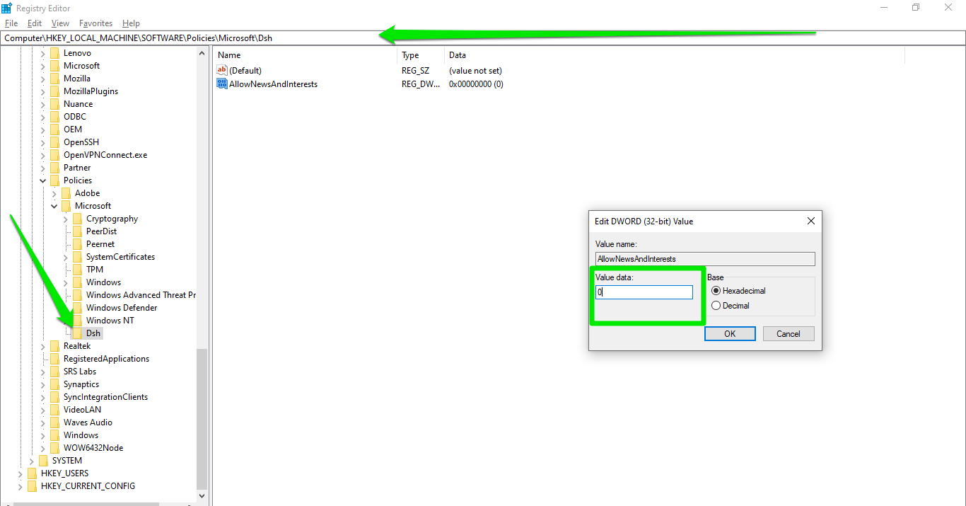 Double-click the AllowNewsAndInterets DWORD and change its value to 0