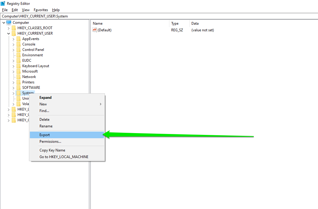 If you want to back up a specific registry key, right-click the key, select Export, and choose Selected branch in the Export range section