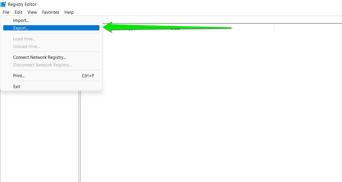 After the Registry Editor window opens, select File in the top-left corner and click the Export option