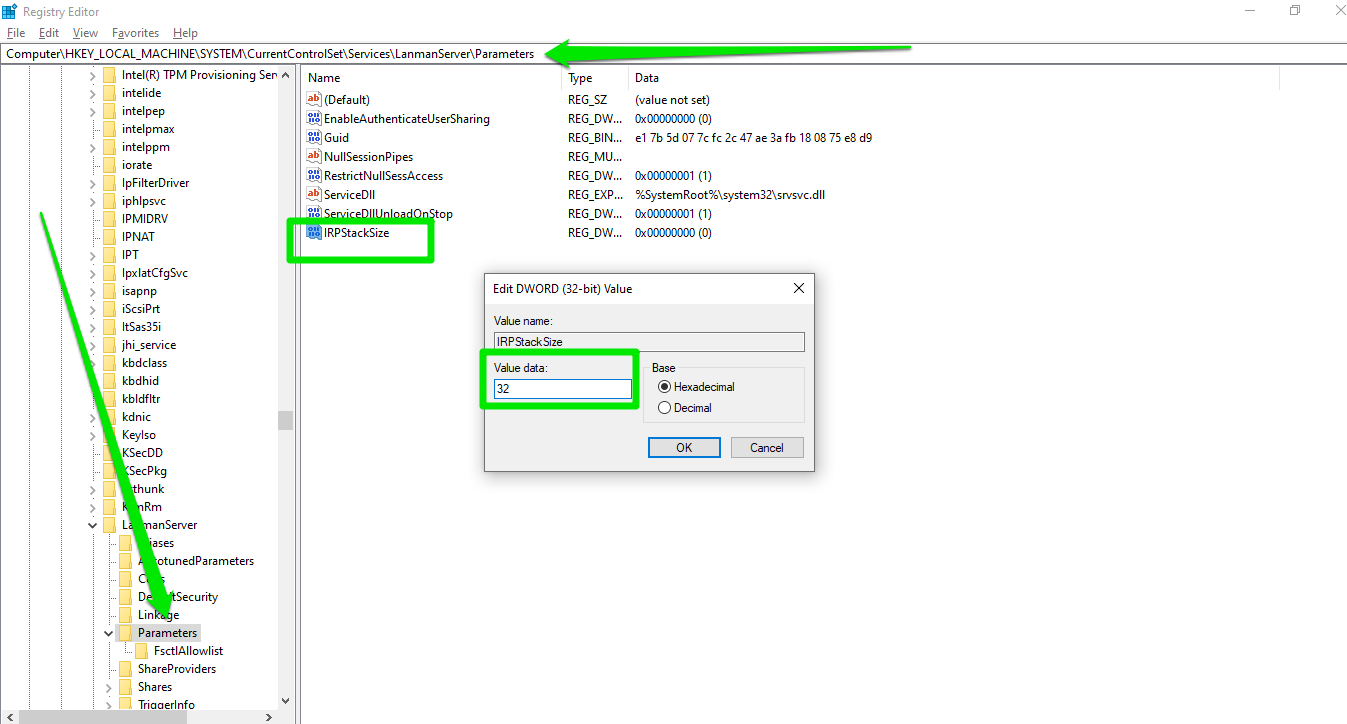 If you're using a high-end computer, you can set the value of the IRPStackSize DWORD to anything from 28 to 32