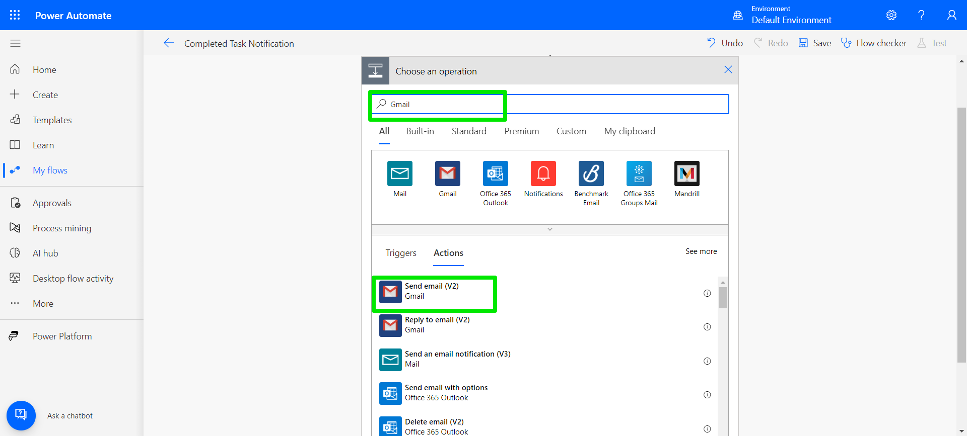 Go to the Actions tab and select the action you want -- like Send Email