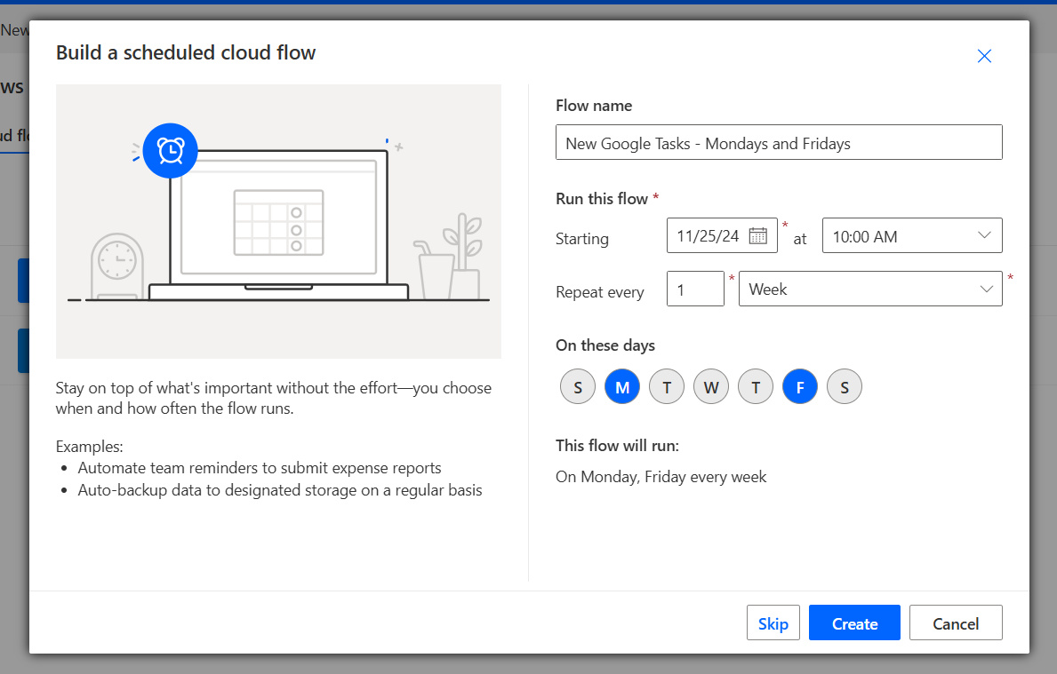Create a new scheduled flow: Click the Scheduled cloud flow button, enter the flow name, and select when the flow will start
