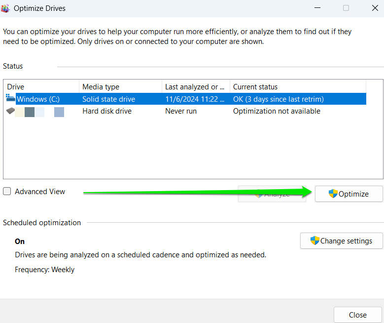 Once the <i>Optimize Drives</i> window appears, select your hard drive and click the <i>Optimize </i>button