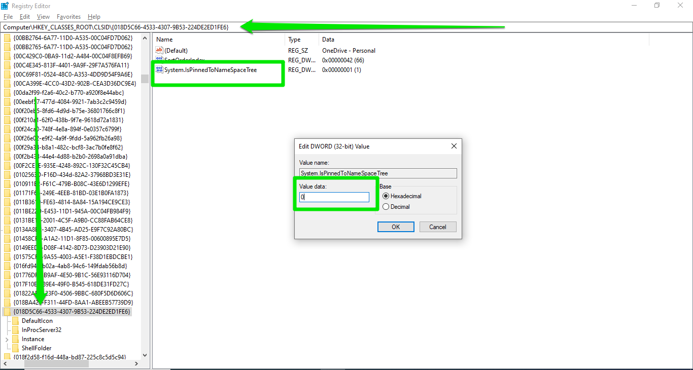 Select the {018D5C66-4533-4307-9B53-224DE2ED1FE6} key, go to the right side of the screen and change the value of the System.IsPinnedToNameSpaceTree DWORD to 0