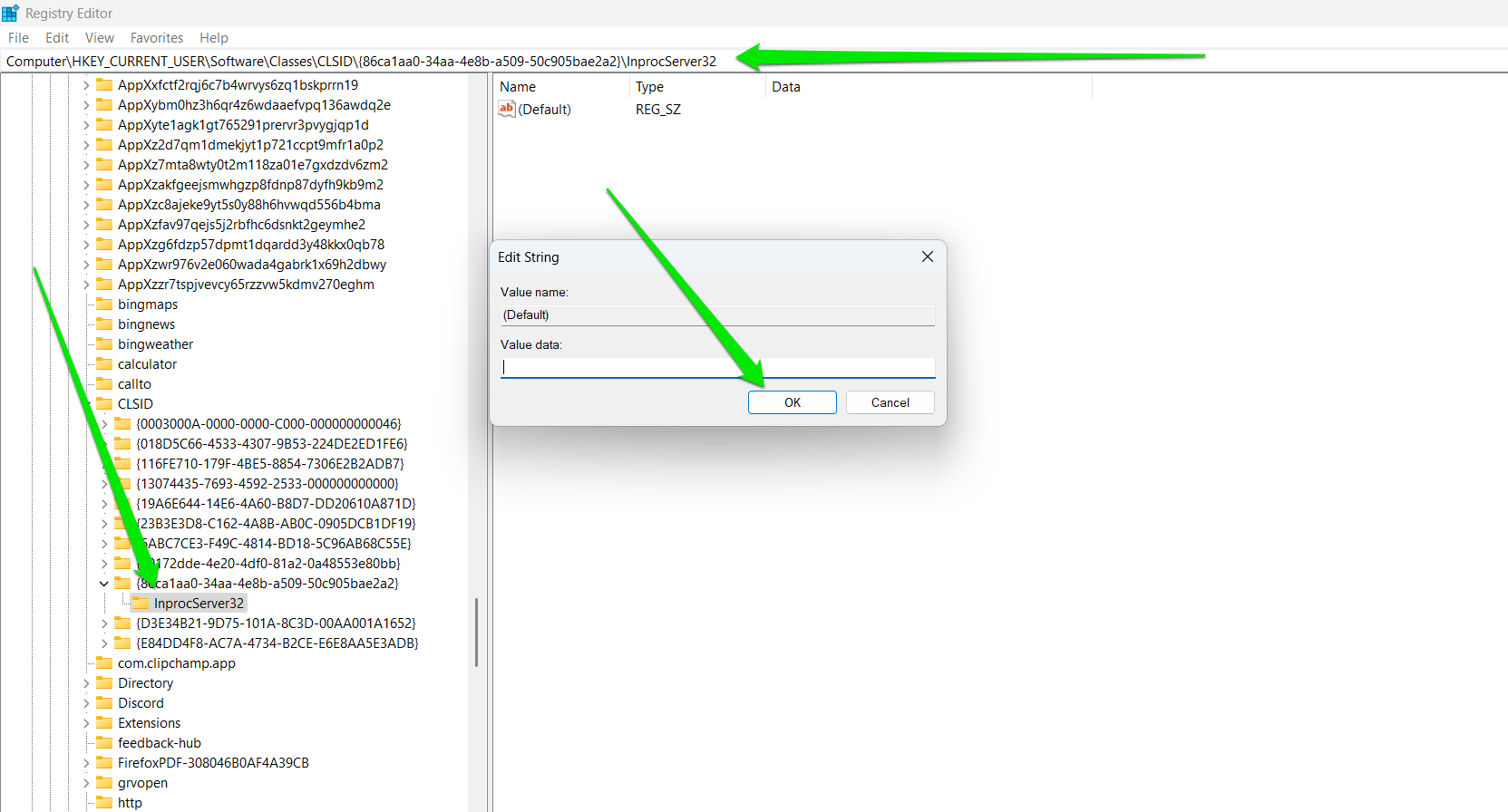 Now select the InprocServer32 key, go to the right side of the window, double-click the Default string, and click OK without entering anything