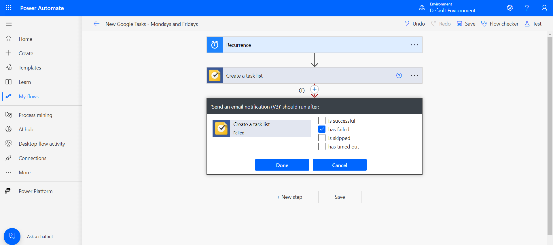Now, check the box for has failed and click Done