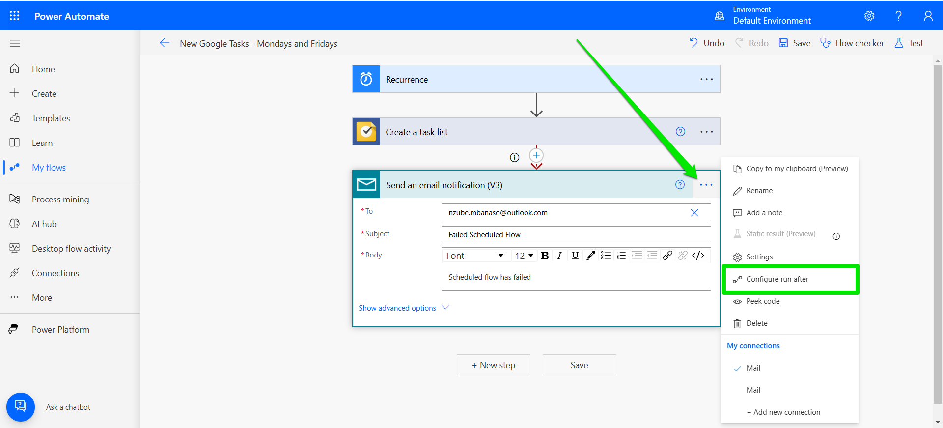 Click the three buttons on the action and select the Configure run after option