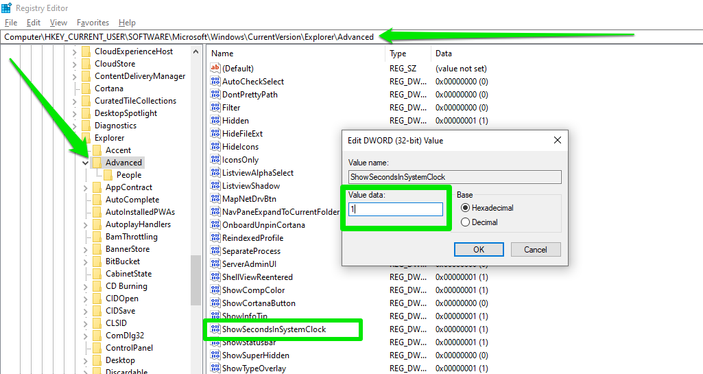 Double-click the ShowSecondsInSystemClock DWORD and enter 1 in its Value data box.