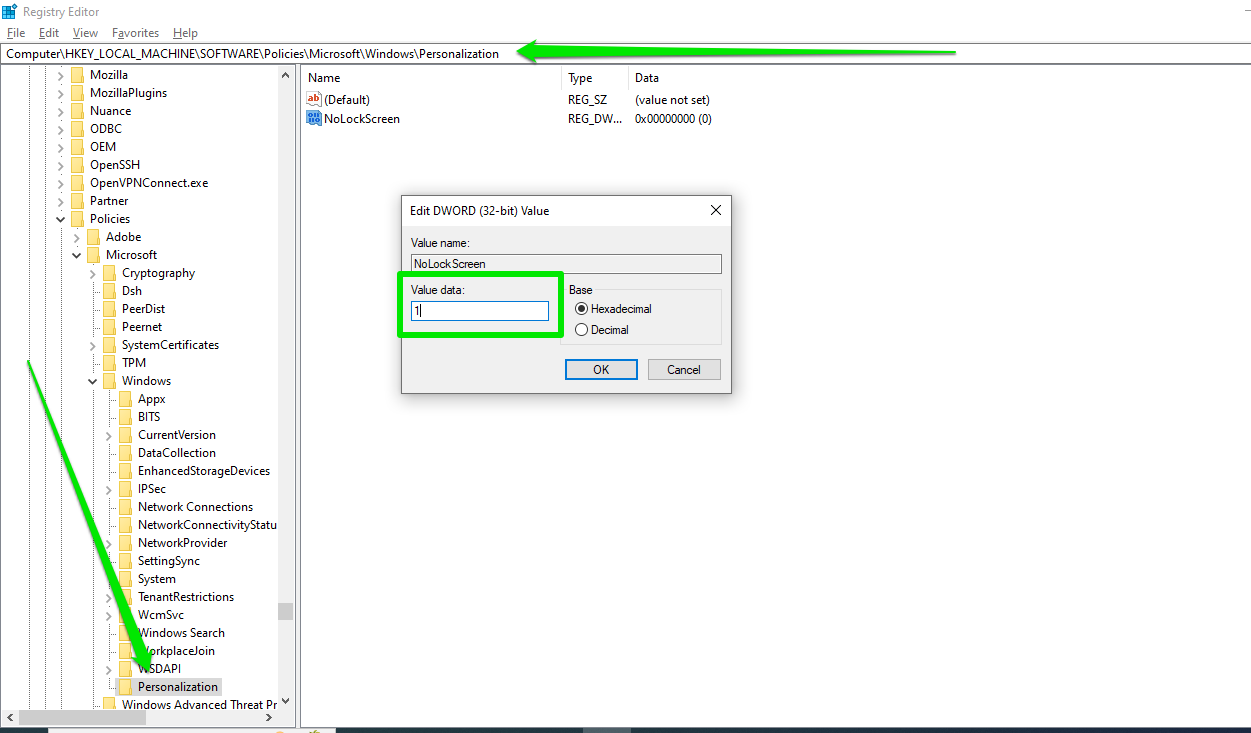 Now, right-click the Personalization key and select New > DWORD (32-bit) Value. Name the DWORD NoLockScreen and set its value to 1