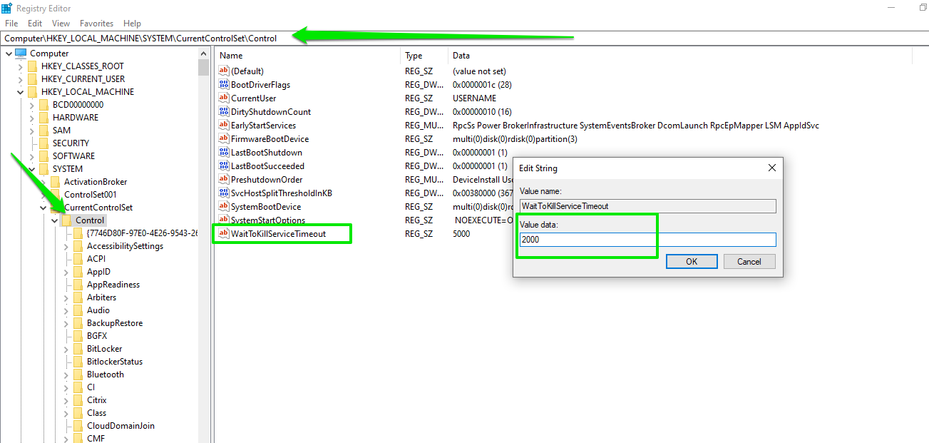 Type 2000 into the Value data text box to reduce the wait time to 2 seconds or 2,000 milliseconds