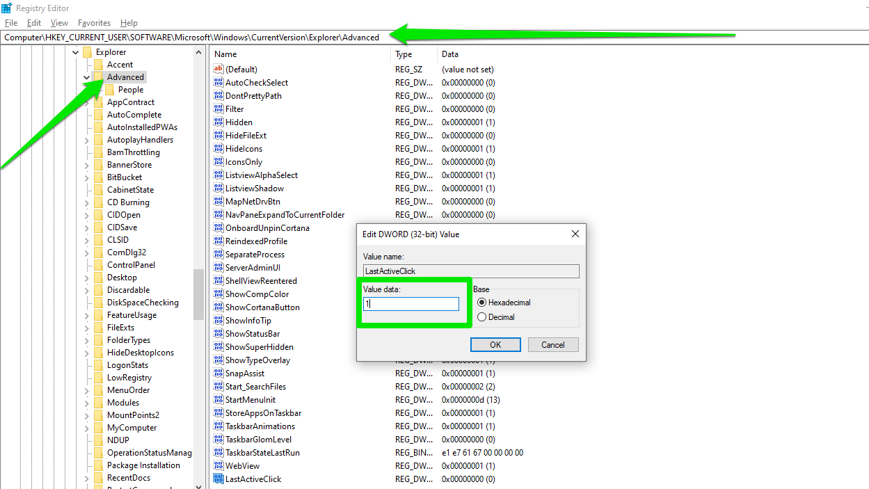Double-click the LastActiveClick DWORD and change its Value to 1