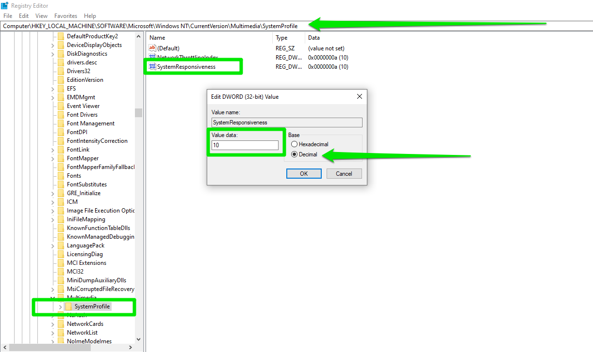 nce the Edit DWORD (32-bit) Value dialog opens, change the text under Value to 10 from 20. To do that, change the Base value to Decimal and enter 10 or enter a if it’s in Hexadecimal