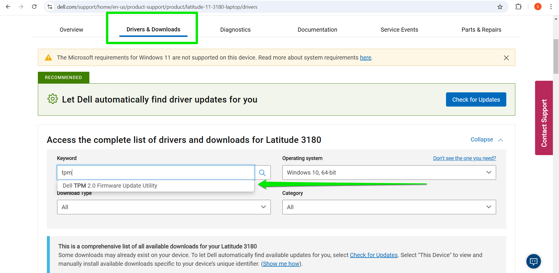 Go to the Drivers & Downloads tab, select your operating system, and type tpm in the keyword box