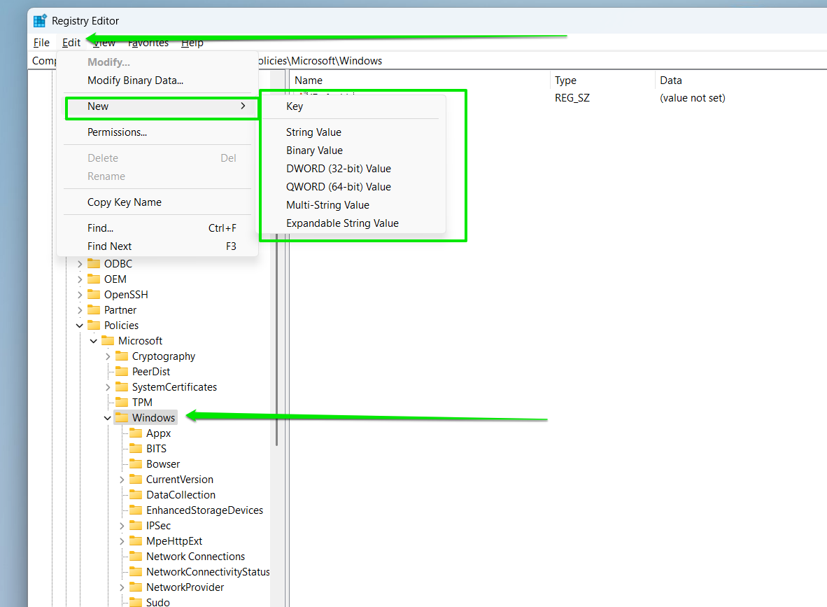 Now, click New and select the entry you want to create
