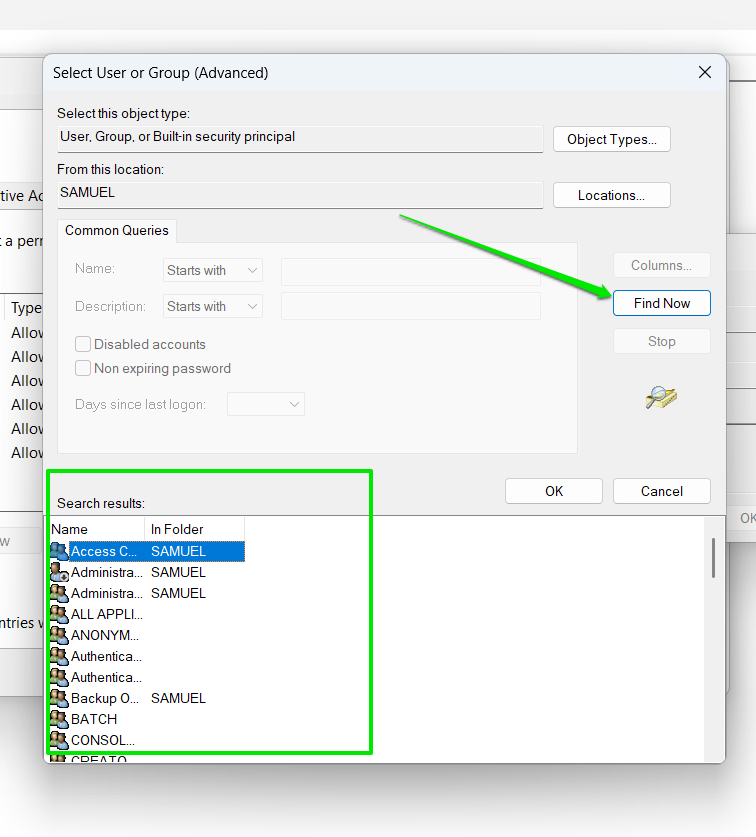 Scroll through the Search results box, select your user account, and click OK