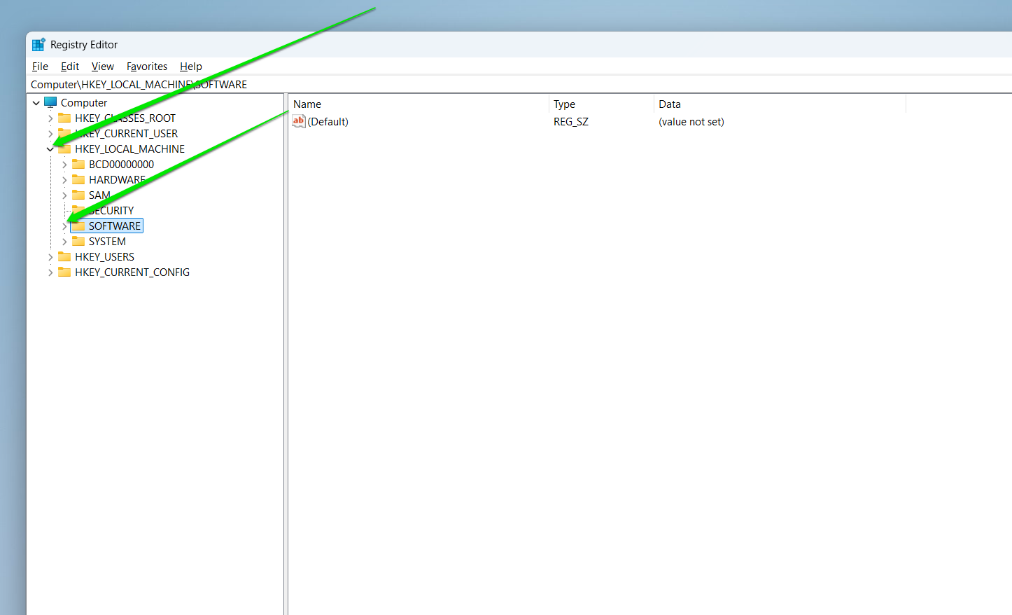 Click the arrow beside each key to expand it and access subkeys