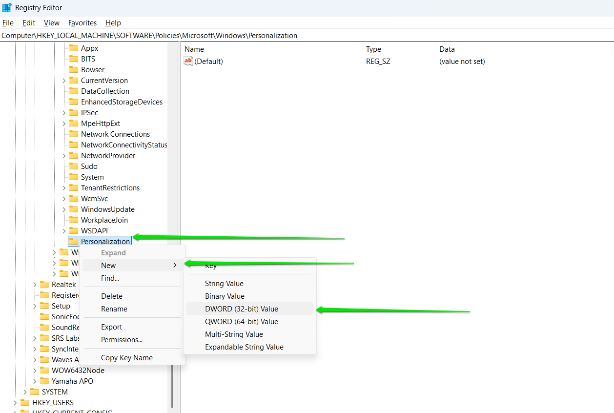 Right-click the Personalization key, select New, and click DWORD (32-bit) Value