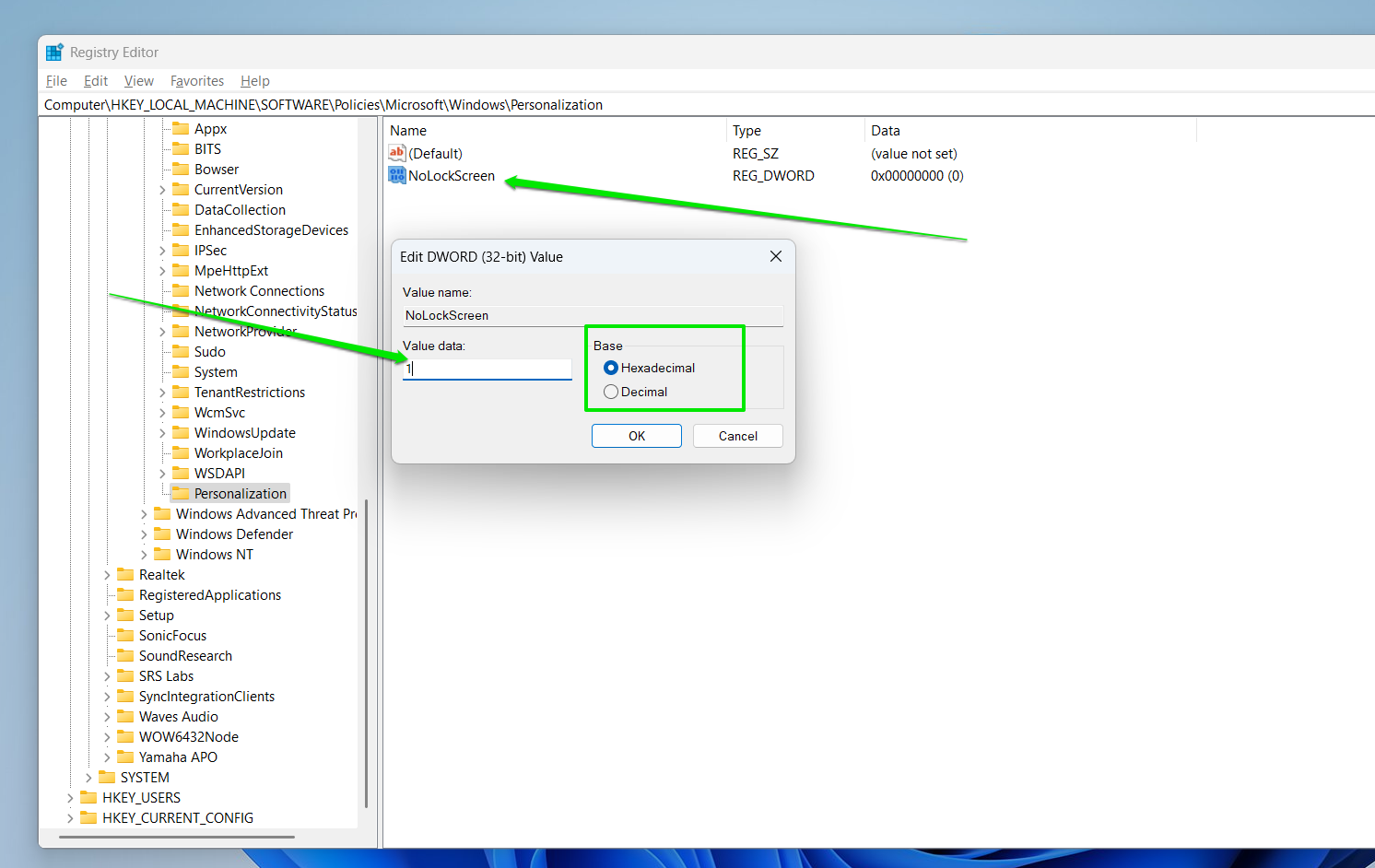 Choose Hexadecimal under Base, type 1 in the Value data text box, and click OK