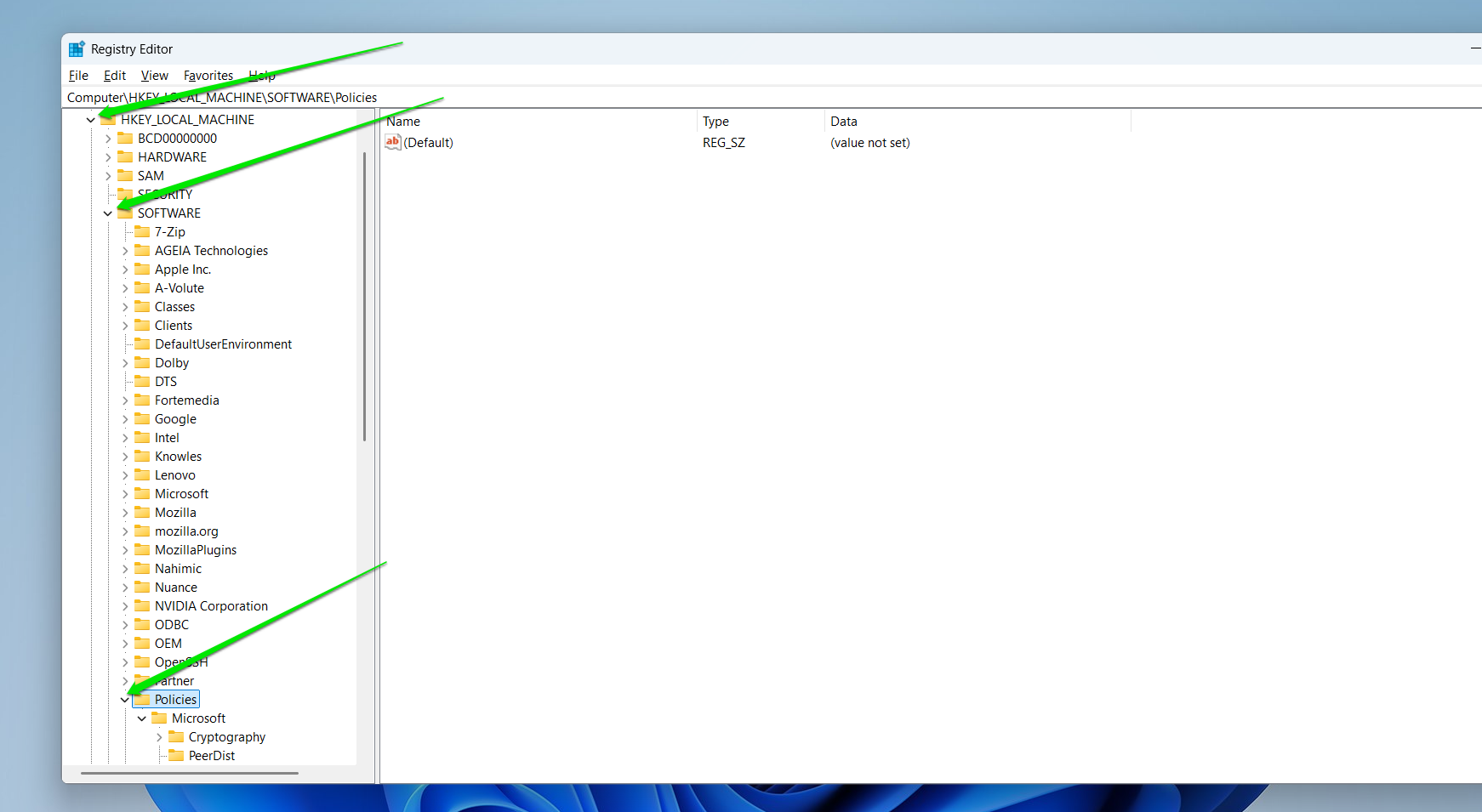 Open the Policies key by clicking its arrow