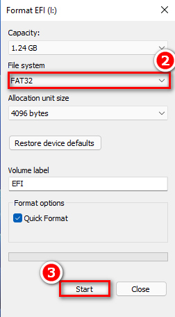 Once the Format Drive dialog opens, select FAT32 under File system and click the Start button