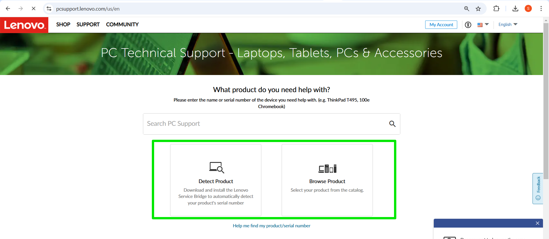 Click PC and select Detect Product to allow the site to identify your computer