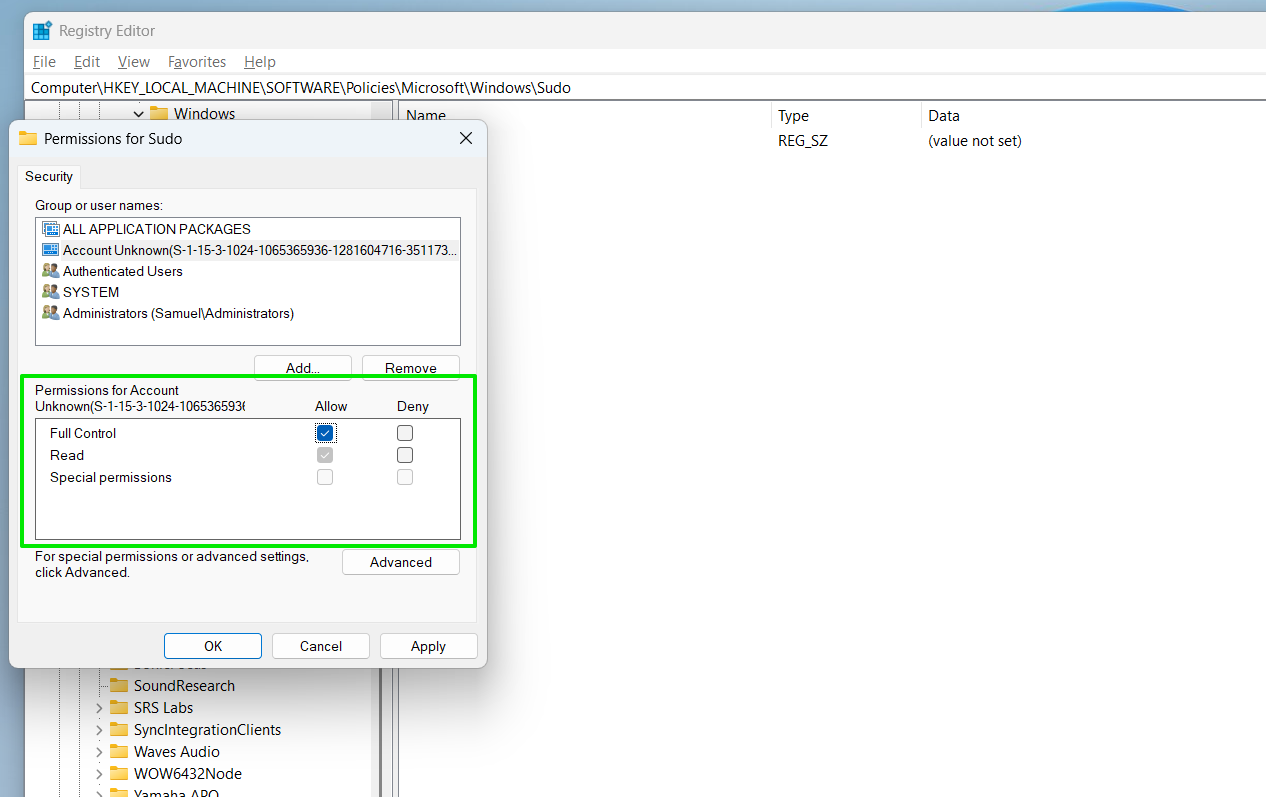 When the key's Permissions dialog window opens, select your user account under Group or user names and tick the box for Full Control under the Permissions box