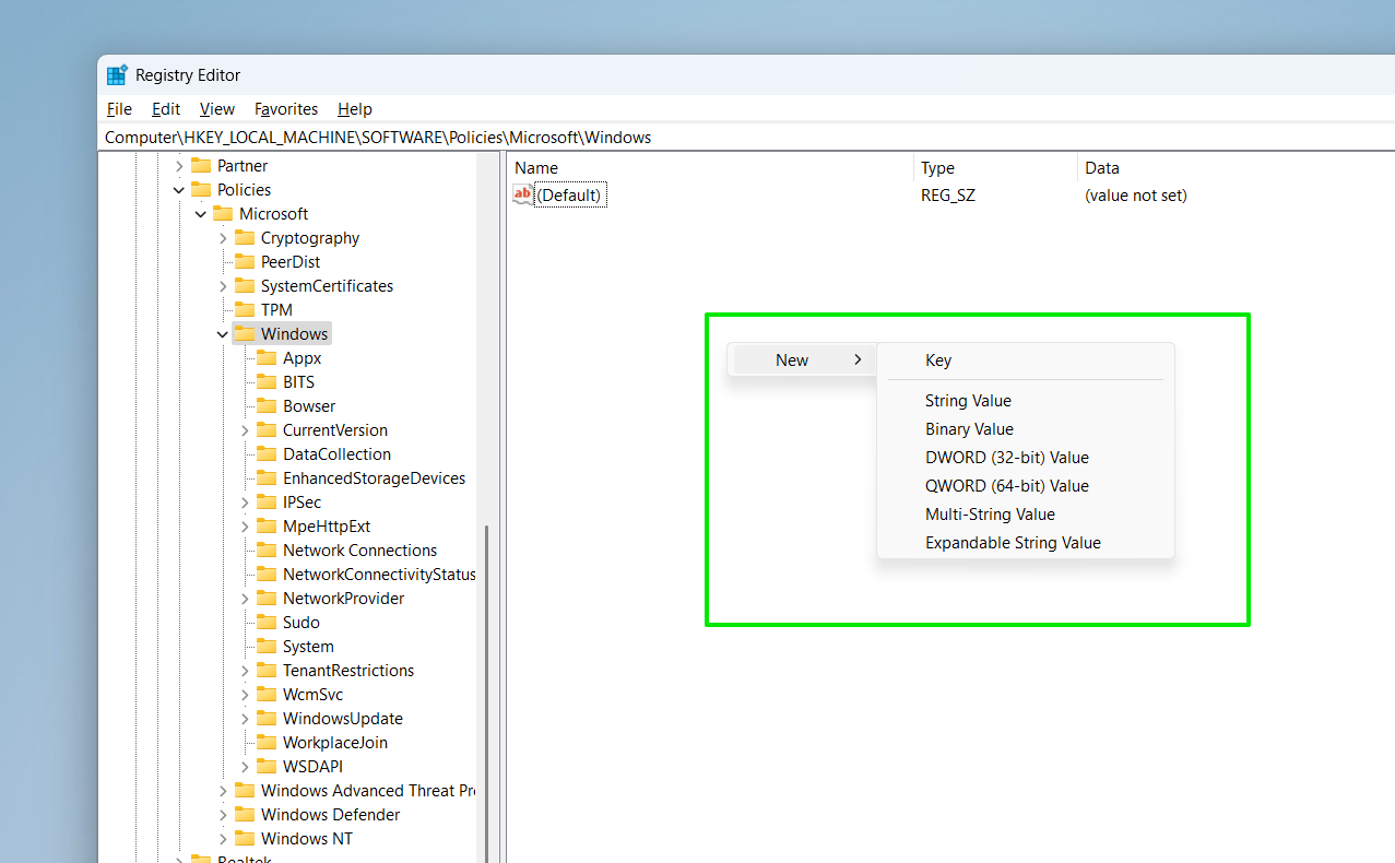 You can also right-click the space on the right after selecting a key, choose New, and select the type of entry you want to create