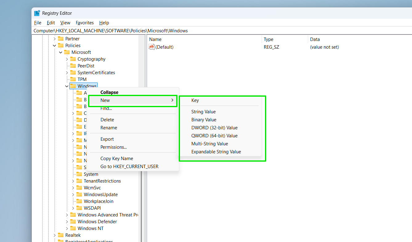 select Key or any type of registry value