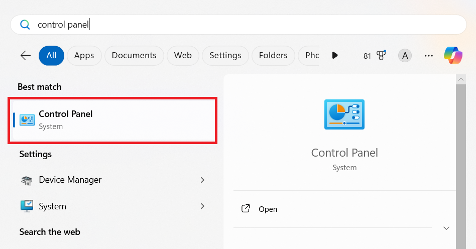 Open the Control Panel by typing it into the search bar and pressing Enter