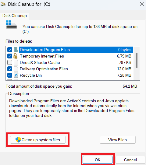 Select the files you want to delete, like Temporary Internet Files and Recycle Bin