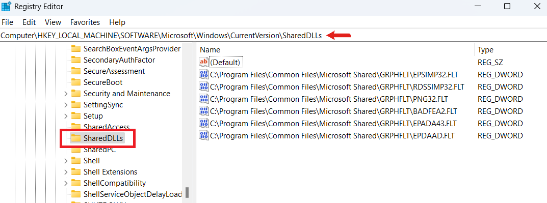 Expand the HKEY_LOCAL_MACHINE hive and go to the location: HKEY_LOCAL_MACHINESOFTWAREMicrosoftWindowsCurrentVersionSharedDLLs