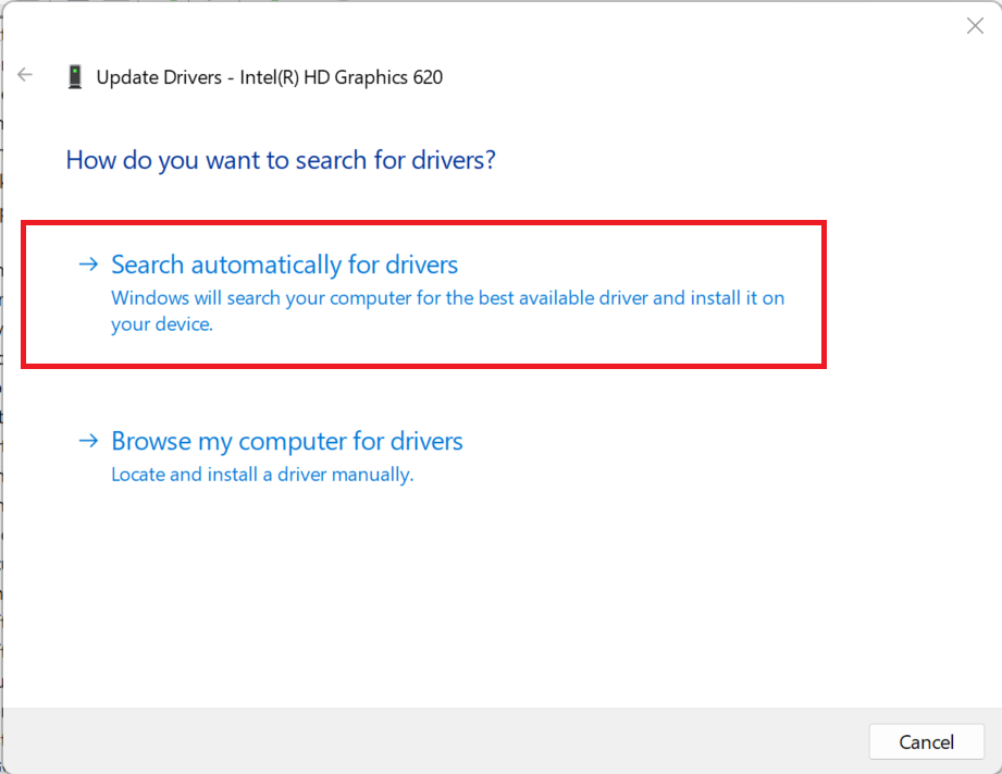 Choose Search automatically for drivers and let the process finish. If an update is available, it’ll automatically install it