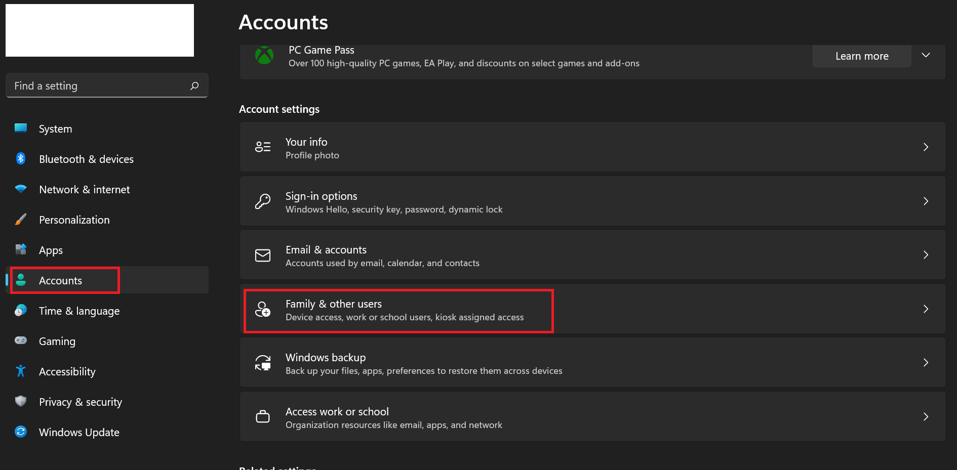Open Settings and click on Accounts. In the right pane of the window, scroll down and click on the Family & other users