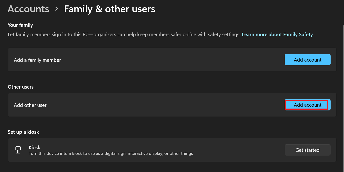 Then, under Add other user, click on Add account