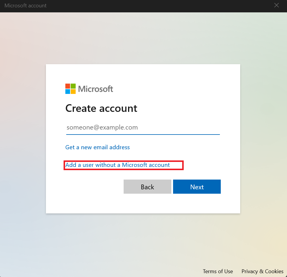 If you don’t have the sign-in information for the new user, click I don’t have this person’s sign-in information. Then click on Add a user without a Microsoft account