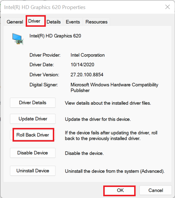 In the properties window, click on the Driver tab. Click the Roll Back Driver button