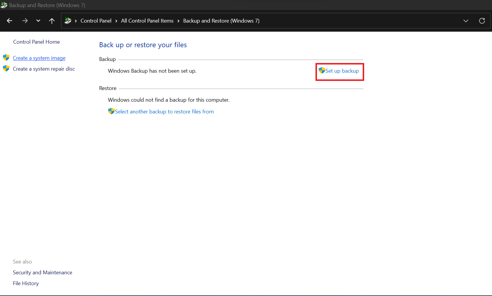 Click on Set up backup
